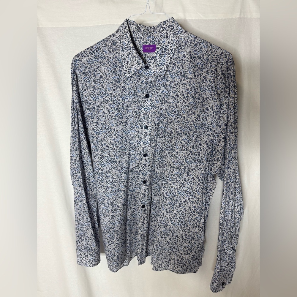 Liberty London Men's White and Blue floral-Patterned Shirt